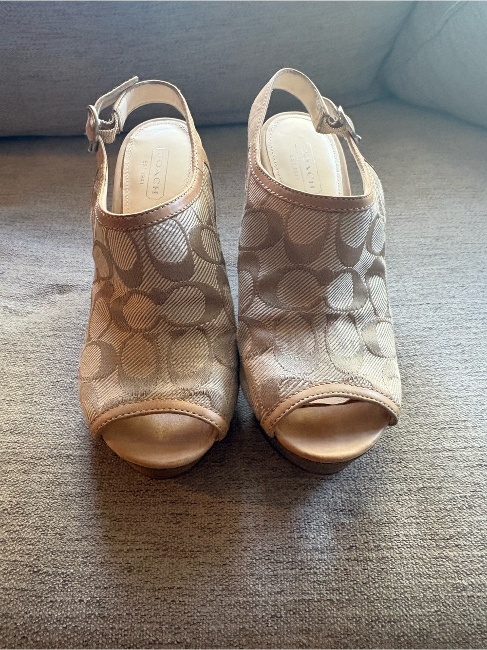 Coach Beige Signature Peep-Toe Slingback Wedges